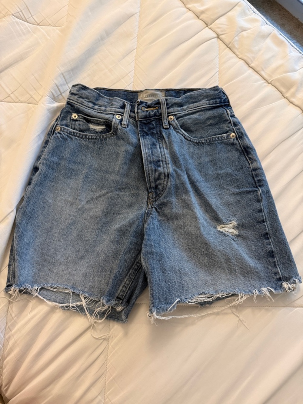 Everlane Light Blue Distressed High-Rise Denim Shorts